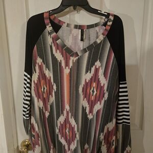 Women’s Aztec Print V-Neck Tunic with Striped Sleeves